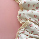 INS Girls Cherry Soft Bedding Set Washed Cotton Bed Sheet Queen King Size Duvet Set Flower Comforter Set Pillowcase Bed Linens