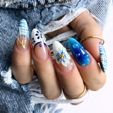 10pcs Blue Gradient French Almond Shaped False Nails 3D Flowers Shell Bubble Design  Press on Nails Wearable False Nails Tips