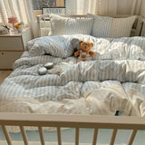 Striped Princess Bedding Set INS Nordic Girls Soft Washed Cotton Bed Flat Sheet Twin Queen Size Duvet Set Pillowcase Bed Linens