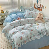 Ins Princess Romantic Duvet Cover Korean Floral Bedding Set Flat Sheet Set Skin-Friendly Washed Cotton Women Girls Bed Linen Set