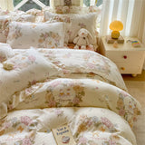 Flower Skin-friendly Bedding Set Class A Washed Cotton Duvet Cover Set Lace Ruffles Quilt Cover Soft Cover Bed Linen Pillowcases