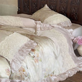 4Pcs Lyocell Soft Silky Cooling Vintage Lace Ruffles Floral Prints Bedding Set Duvet Cover Bed Sheet/Fitted Sheet Pillowcases