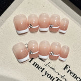10Pcs Short Autumn Handmade Press on Nails French Cat Eye Pearl Rhinestone Shiny French Square False Nails Wearable Manicure Art