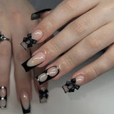 24pcs Glossy French Bowknot Heart Star Design Press on Nails Long Coffin False Nails with Daimonds Black Wearable Stick on Nails