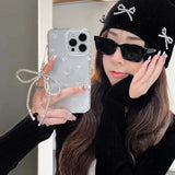 Simple white bow phone case stand holder cover for iphone 13 15promax 13pro 15 pro max 11 14 12  ins transparent bracelet capa