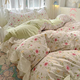 Floral print Korean style Princess Lace Bedding Set Duvet Cover Set Washed Cotton Flat Sheet set Queen For Girl Decor Home
