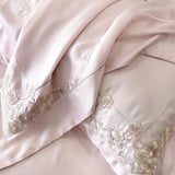 Pink Flowers Embroidery Bedding Set Lyocell Bamboo Fiber Soft Silky Cool Feeling Duvet Cover Flat/Fitted Bed Sheet Pillowcases