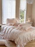 1200TC Egyptian Cotton Lace Ruffles Princess Wedding Style Pink Bedding Set Duvet Cover Flat/Fitted Bed Sheet Pillowcases 4Pcs