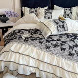 4Pcs French Vintage Princess Style Embroidered Chiffon Lace Ruffle Luxury Bedding Set Queen Size Quilt Cover 200X230