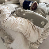 Flowers Prints Pleated Ruffles Princess Bedding Set 100% Cotton Double Layer Yarn Duvet Cover Quilted Bedspread Pillowcases 4Pcs