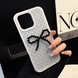 Ins Korean Polka Dot 3D Black Bead Bowknot Phone Case for iPhone 16 15 14 13 12 Pro Max Translucent Matte Back Cover Funda