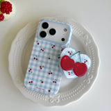 Ins Simple Cute Magnetic Cherry Lattice Pattern Blue Case with Heart Bracket for iPhone 17 16 15 Pro Max Shockproof Back Cover