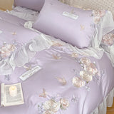 Rose Flowers Embroidery Lace Ruffles Bedding Set Lyocell Cotton Soft Silky Cooling Duvet Cover Flat/Fitted Bed Sheet Pillowcases
