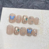 10Pcs Short Square Handmade Press On Nails Full Cover Cute Sweet Design butterfly Check False Nails Wearable Manicure Nail Tips