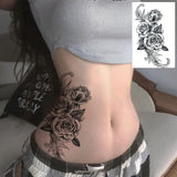 1pc Rose Floral Temporary Tattoo, Waist Fake Tattoo Sticker, Black Flower Waterproof Tattoo Decal For Men & Women