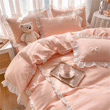 Korean Princess Style Bowknot Bedding Sets Lace Duvet Cover Fitted Sheet For Girl Woman Bedroom Decor Bed Linens Home Textiles