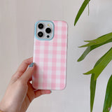 Korean INS Pink Checker Matte Double Layers Ring Strap Phone Case for iPhone 16 15 14 13 Pro Max Back Cover for 12 Pro Funda