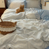 INS Style Blue Stripes Ruffles Patchwork Bedding Set Single Queen Size 100% Cotton Duvet Cover Flat/Fitted Bed Sheet Pillowcases