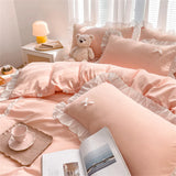 Korean Princess Style Bowknot Bedding Sets Lace Duvet Cover Fitted Sheet For Girl Woman Bedroom Decor Bed Linens Home Textiles