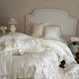 Flowers Embroidery Lace Ruffles Wedding Bedding Set Lyocell Silky Cooling Duvet Cover Set Flat/Fitted Bed Sheet Pillowcases 4Pcs