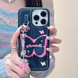 Embroidery Butterfly Jean Cloth Denim Case For iPhone 12 13 14 15 16 Pro Max 11 Phone Case with Pendant Keychain Soft Back Cover