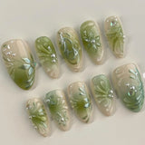 10Pcs Handmade Manicure Medium Almond Fake Nails New Green 3D Limited Press On Nails Design with Adhesive Nail File Set