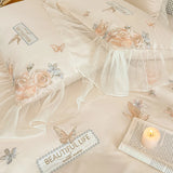 Rose Flowers Embroidery Lace Ruffles Bedding Set Lyocell Cotton Soft Silky Cooling Duvet Cover Flat/Fitted Bed Sheet Pillowcases