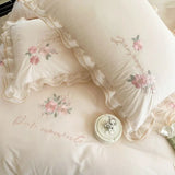 Rose Flowers Embroidery Lace Ruffles Princess Bedding Set 100% Cotton Duvet cover Set Bed Sheet Fitted Sheet Pillowcases 4Pcs