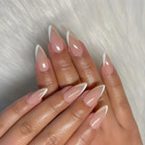 24Pcs False Nails White Border Design Press on Nails Full Cover Simplicity French Almond With Glue Wearable Manicure Nail Tips
