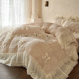 Carved Velvet Double Layer Lace Ruffles Bow Princess Bedding Set Winter Warm Duvet Cover Flat Bed Sheet Pillowcases 4Pcs
