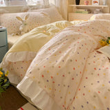 Korean Princess Style 4Pcs Floral Ruffles Bedding Set Single Queen Size Soft Skin-friendly Washed Cotton Duvet Cover Pillowcase