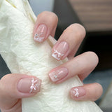 10Pcs Sweet Heart Nail Glitter Diamond Fake Nails Cute French Short Square Press on Nails Cat Eye Pearl Fake Nails Nude Natural