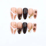 Leopard Print Press on Nails French Acrylic Nail French Design Press on Nails Leopard Print Gold Beads Nails Set Press on Almond