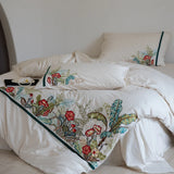 Vintage Cotton Linen Blend Bedding Set Tropical Jungle Floral Embroidery Duvet Cover Set Bed Sheet/Fitted Sheet Pillowcases 4Pcs