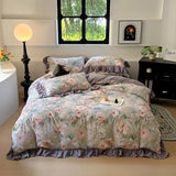 100% Cotton Korean Princess Style Flower Print Ruffles Bedding Set Queen Size Duvet Cover Flat/Fitted Bed Sheet Pillowcases 4Pcs