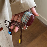 Korea Fashion Brown Plaid Splicing Pattern Retro Neck Lanyard Shockproof Protection Case For AirPods 4 3 2 1 Pro 2 Earphone Case