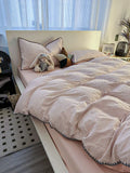 Ins Style Solid Color Stripes Mix and Princess Style Quilt Cover Four-piece Bedding Set Washed Cotton Shell Edge Duvet Cover Set
