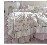 Pink Floral Double Layer Lace Ruffles 100% Cotton Bedding Set Duvet Cover Set Bed Sheet/Bed Skirt/Fitted Sheet Pillowcases 4Pcs