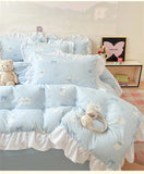 French Princess Lace Ruffles Bedding Set Washed Cotton Skin-friendly Duvet Cover Set with Sheet Soft Printed Flowers Quilt Cover