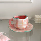 1Pc280Ml Original Design Scandinavian Style Hand-Kneaded Ceramic Coffee Cup and Saucer Multi-Color Plaid Heart Blue Sky and White Clouds Flower Mug Suitable for Afternoon Tea Milk Cup and Saucer Latte Cup Dessert Plate Cup an