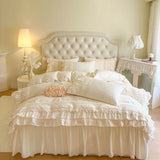 Vintage French Hollow Lace Ruffles 100% Cotton Princess Wedding Bedding Set Duvet Cover Set Bed Skirt Bedspread Pillowcases 4Pcs