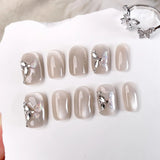 10Pcs Cat Eye Handmade Press On Nails Pure Short Round Fake Nail With Butterfly Full Cover Glitter Wearable Artificial Nail Tips