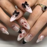 24Pcs Almond Strawberry False Nails Press on Nails Full Cover Sweetness Bow Tie Design Pearl French Wearable Manicure Nail Tips