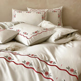 Flowers Embroidery Bedding Set Cotton Satin Bed Linens Sheet Pillowcase Duvet Cover Set Underwear