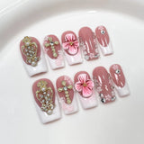 10Pcs Pink Coffin Handmade Press On Nails Moon Stars False Nails Sweet Bow Diamond Design Full Cover Ballet Fake Nails Press On