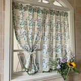 Bird Foliage Imitation Hemp Window Curtain Green Ball Pendant Lace Leaf Pattern Short Curtain Decorate  Living Room Curtain