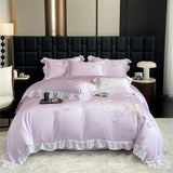 Luxury Bedding Set Butterfly Embroidery Lace Ruffles Ice Silky Soft Summer Bed Set Duvet Cover Set Bed Sheet Pillowcases 4Pcs