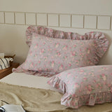 2pcs Flower Prints Ruffles 100% Cotton Pillowcases 48x74cm Sizes Cushion Cover for Bed Floral Style Adults Kids Pillowslip