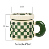 400ML Flowers Ceramic Mug with Lid Creative Checkerboard Grid Pattern Coffee Mug Home Office Breakfast Milk Cup Birthday Gift