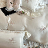 Organza Lace Ruffles Butterfly Embroidery Bedding Set Lyocell Cotton Soft Silky Duvet Cover Flat/Fitted Bed Sheet Pillowcases